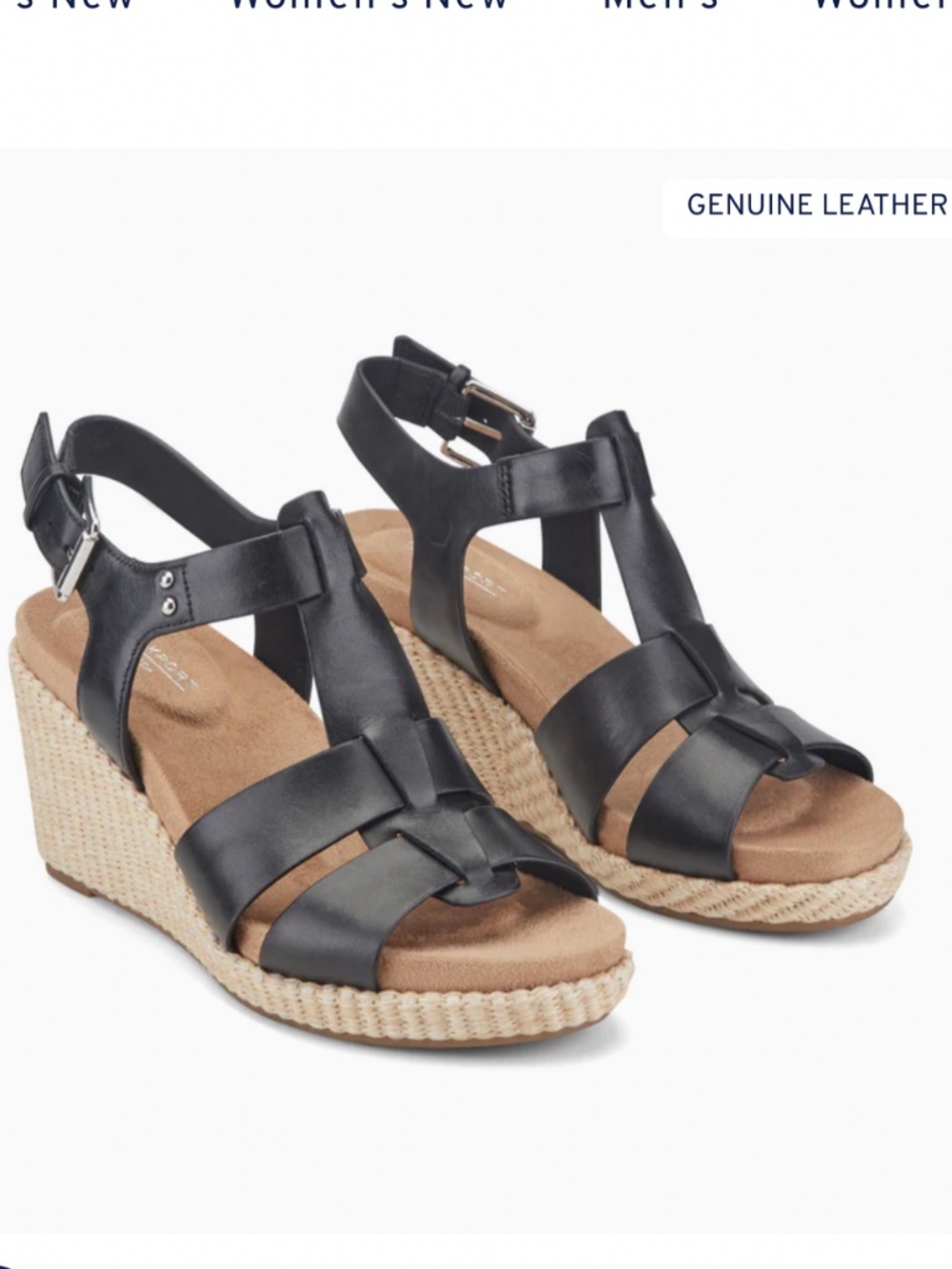 NWT Rockport Belle Sandal Wedge Heel Leather Black Adjustable Strap Woven Sz 9